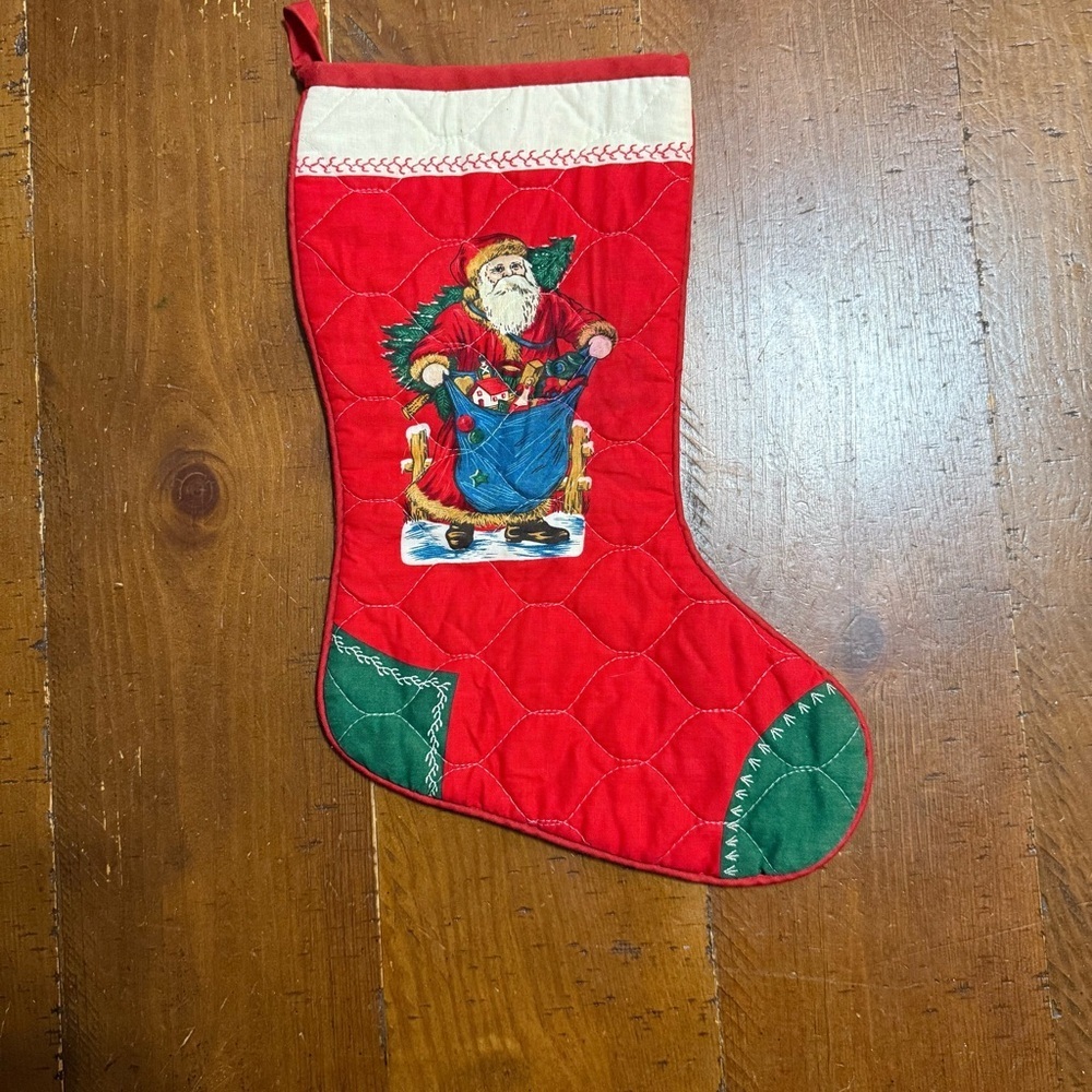 Vintage  Red Christmas Stocking with Santa Design preowned